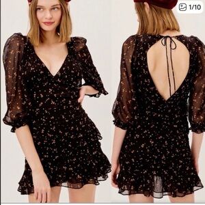 For Love & Lemons Juliana Roses Stars -L- Ruffled Sleeve Open Back Mini Dress